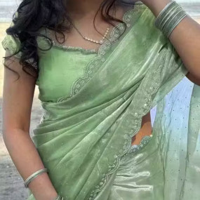 CUTE MINT GREEN VERY SOFT SAREE WITH OSSAM QULITY