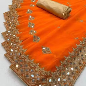 HEAVY KAJU DESIGN EMBROIDERY WORK WITH MIRROR SAREE BY KRADDLE