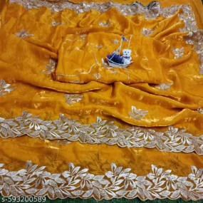 Luxury Fendy Satin Saree with Premium Heavy Gold Embroidery, Golden Lace Border, and Matching Embroidered Blouse for Bridal, Party and Festive Occasions