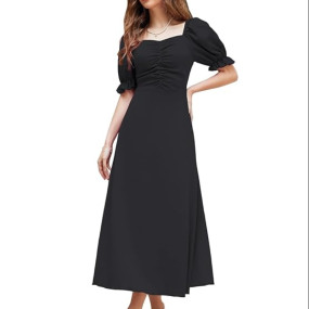 Women's Solid A-Line Ruched Puff Sleeve Maxi Long Evening One Piece Long Dress for Women Stylish (Dress 131)