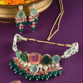 Multicolor Stones & Beads Multistrand Beaded Kundan Choker Necklace Earring & Ring Set For Women-ZPFK15095
