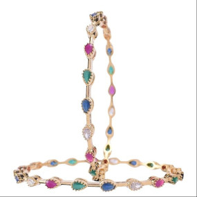 Ratnavali Jewels Gold Plated AD American Diamond Red Green Blue White Sleek Glass Fashion Chudi Bangles Set for Women/Girls