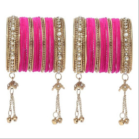 Gold-Plated Matte Finish Velvet American Diamond Studded Gold Pearl Tasselled Bangles Set Of 56 For Girls and Women