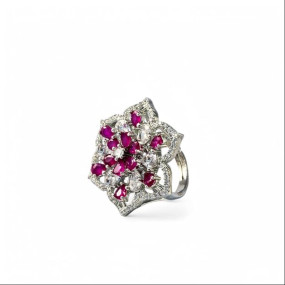 Sterling Silver Pink Floral Zircon Studded adjustable Cocktail Ring for Women and Girls