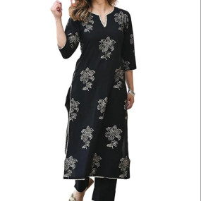 Women's Gold Printed Rayon Black Kurta Set with Ethnic Palazzo Pants