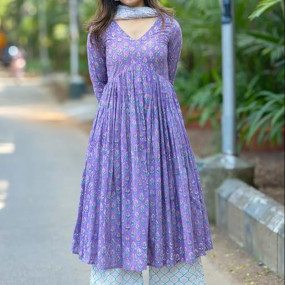Women Printed Anarkali Kurta and Pant Set with Dupatta