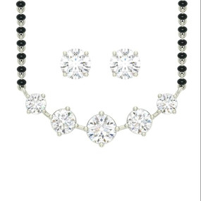 Sterling Silver 5 Stone Mangalsutra Earring Chain Jewellery Set | Platinum Plated, Swiss Zirconia | Gift for Wife