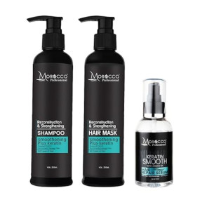 Morocco Professional® Hair Care Set | Reconstruction & Strengthening Shampoo & Hair Mask (250ml Each) + Keratin Smooth Repair Serum (100ml) | Smoothening & Frizz Control | Damaged Hair Repair