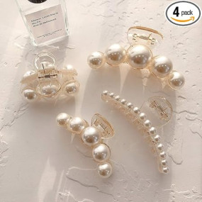 Lyrovo Pearl Hair Clips for Women, 4PCS Large Small Hair Claw Clip Strong Hold,Big Banana Jaw Clip Barrettes Nonslip,Hair Accessories Set Birthday Wedding Mother's Day Gift for Girl Thick Thin Curly Hair Off White, 4Pcs)