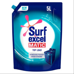 Surf Excel Matic Top Load Liquid Detergent 5L Refill Pouch, Specially designed to remove Tough Dried Stains, 1st time in Washing Machine