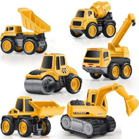 PLUSPOINT 6Pc Diecast metal Pull back Construction Vehicles for Kids Pretend Play Toy Roller Crane Excavator Dumper Mixer Bulldozer Trucks Play Set Building Vehicles Set for Kids (6 in 1 Construction)