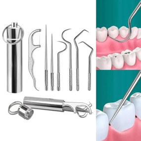 Dental Tools, 7 in 1 Stainless Steel Teeth Cleaning Tool Kit, Stainless Steel Toothpicks Teeth Cleaning Picks Flosser for Teeth Braces Cleaning Tools Reuseable Toothpicks Oral Care