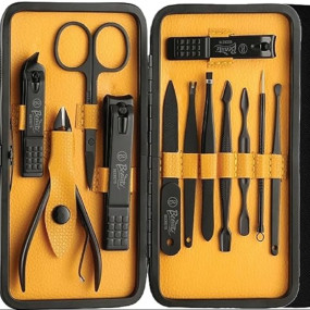 Beauté Secrets Essentials Manicure Set Nail Clippers, Stainless Steel Nail Scissors Grooming Kit, Acne needle, Blackhead Tool Leather Travel Case (Yellow)
