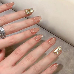 Secret Lives Cats Eye Reusable Artificial Nude Brown Color with Golden Glitter & Crystal Design Press on Nails 24 Pieces Set with Kit