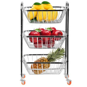 WayMore® Stainless Steel 3-Tier Rack Fruits and Vegetable Onion Trolley Container Basket Organizer Organiser Holder Stand for Kitchen with Wheel Potato Tokri (3 Layer Trolley)