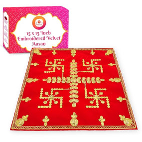 BHAKTI LEHAR - Premium Range Of Pooja Accessories (15x15 Inch) Swastik Design Red Velvet Pooja Aasan Cloth/Kapda/Embroidered Puja Chowki Cloth for Home Mandir, Temple, God & Goddess Assan-Pack of 1