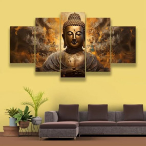 illusions 360degree Signage Solution, Buddha 2 Wallpaper, 5 Panel MDF Digital Sticker, New Sticker 3D Wall Decor for Living Room, Office, Gifts for Birthday/Annivarsary, Buddha Design 2