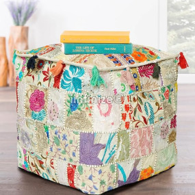iinfinize Decorative Khambadiya Pouf Cover Square Vintage Patchwork Ottoman Floor Footstool Indian Handmade Cotton Indoor Outdoor Pouffe Case Throw Bean Bag (16x16x16 Inch) (White)