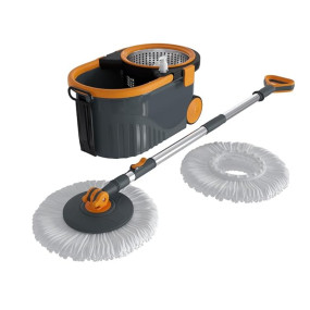 Bonkaso Spin Mop with Stainless Steel Wringer & Big Wheels | 360° Rotating Mop, Adjustable Handle | Easy Floor Cleaning Bucket Set with 2 Microfiber Refills – Grey & Orange (46 x 26.5 x 23 cm)