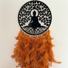 AGAM DECORS - Elegant 8 Inch Buddha Dreamcatcher with Rusty Brown Feathers - Wall Hangings, Home Décor, Handmade Dreamcatcher for Bedroom, Balcony, Garden, Party, Café