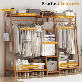 Naayaab Craft Premium Bamboo Clothes Garment Rack Dual Bar Coat Hanger Stand Clothing Storage Multipurpose Portable Wardrobe Closet Organizer Color - Brown (160 x 37 x 141cm)