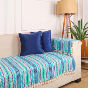 STITCHNEST Woven 3 Seater Sofa Protector with Hand Rest Covers – Blue & White Stripe Design – Washable Fabric with Tassels – Stylish Sofa Cover for Modern Living Room & Furniture Décor