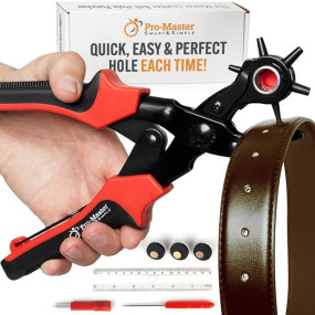 Leather Hole Punch - PRECISE AND SHARP Round Holes with Ease - FREE Eyelet Pliers 100 pc Eyelets 2 EXTRA Punch Plates - Best Puncher for Belts and Other Materials - Get This Professional Multi Size Hole Maker Tool - 2 Yr Warranty and 60 Days MB!