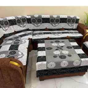 BALLEY Elegant 16 Pcs Sofa Cover Set with Matching Table Cover – Premium Floral Lace Design | L Shape Sofa Protector with Armrest & Cushion Covers | Stylish & Durable Furniture Decoration Set (Black)