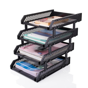 Vallaree Desktop Bookshelf Magazine Organizer Multi Compartment Plastic Frames File Holder Dividers Document Storage Box For Office Home School - Tabletop, Step Shelf Stationary (Black, 4 Layer)