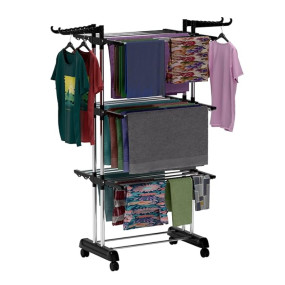 BrandFlex Foldable Cloth Drying Stand Stainless Steel – 3 Tier Heavy-Duty Clothes Dryer for Balcony, Indoor & Outdoor Use | with Wheels & Hanger Slots | Rust-Proof Laundry Rack (Black, 3 TIRE)